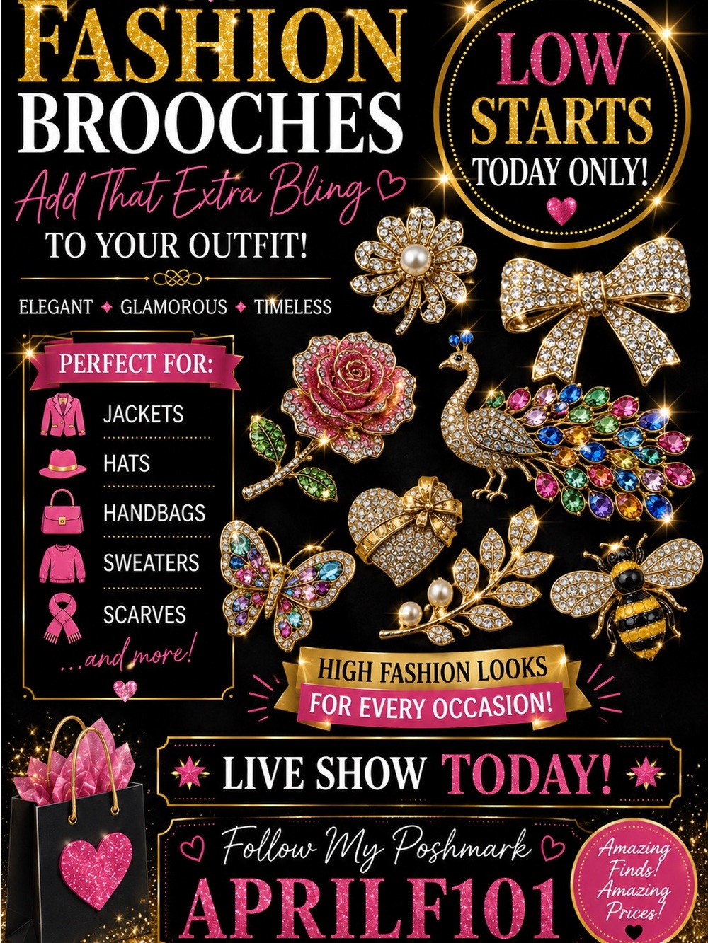 Gold-tone Multicolor Crystal Brooch Set - Floral & Animal Pins